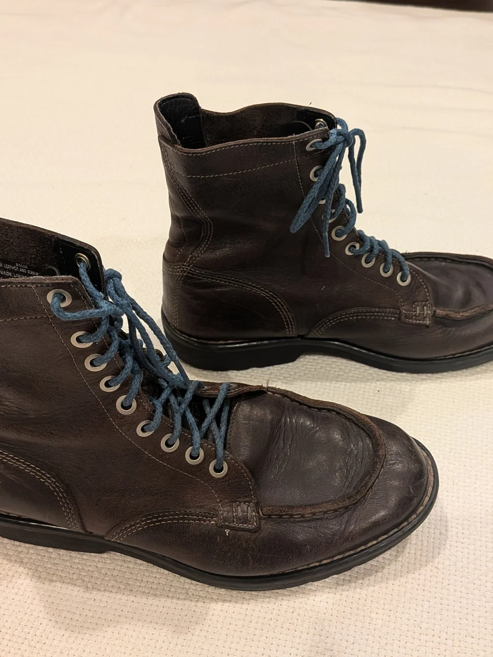 Timberland Brown Leather Moc-toe Boots with Blue Laces Mens 7.5